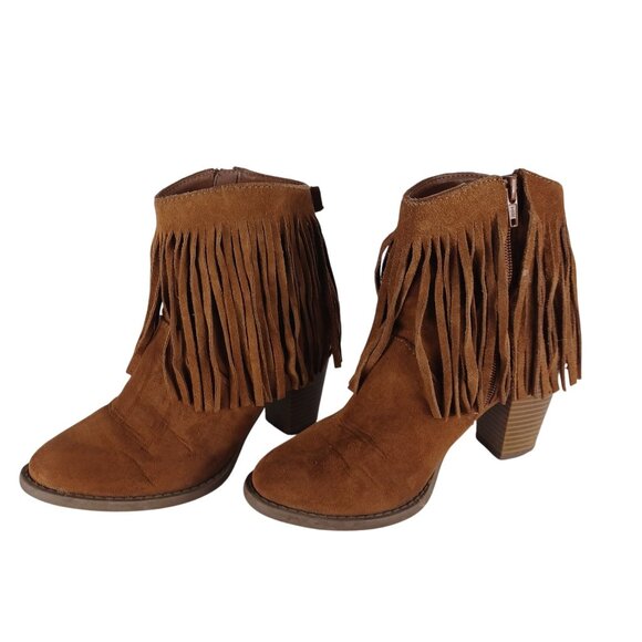 Western Fringe Ankle Boots Chunky Block Heel Zipper Brown Suede Round Toe Size 6 - Picture 2 of 14